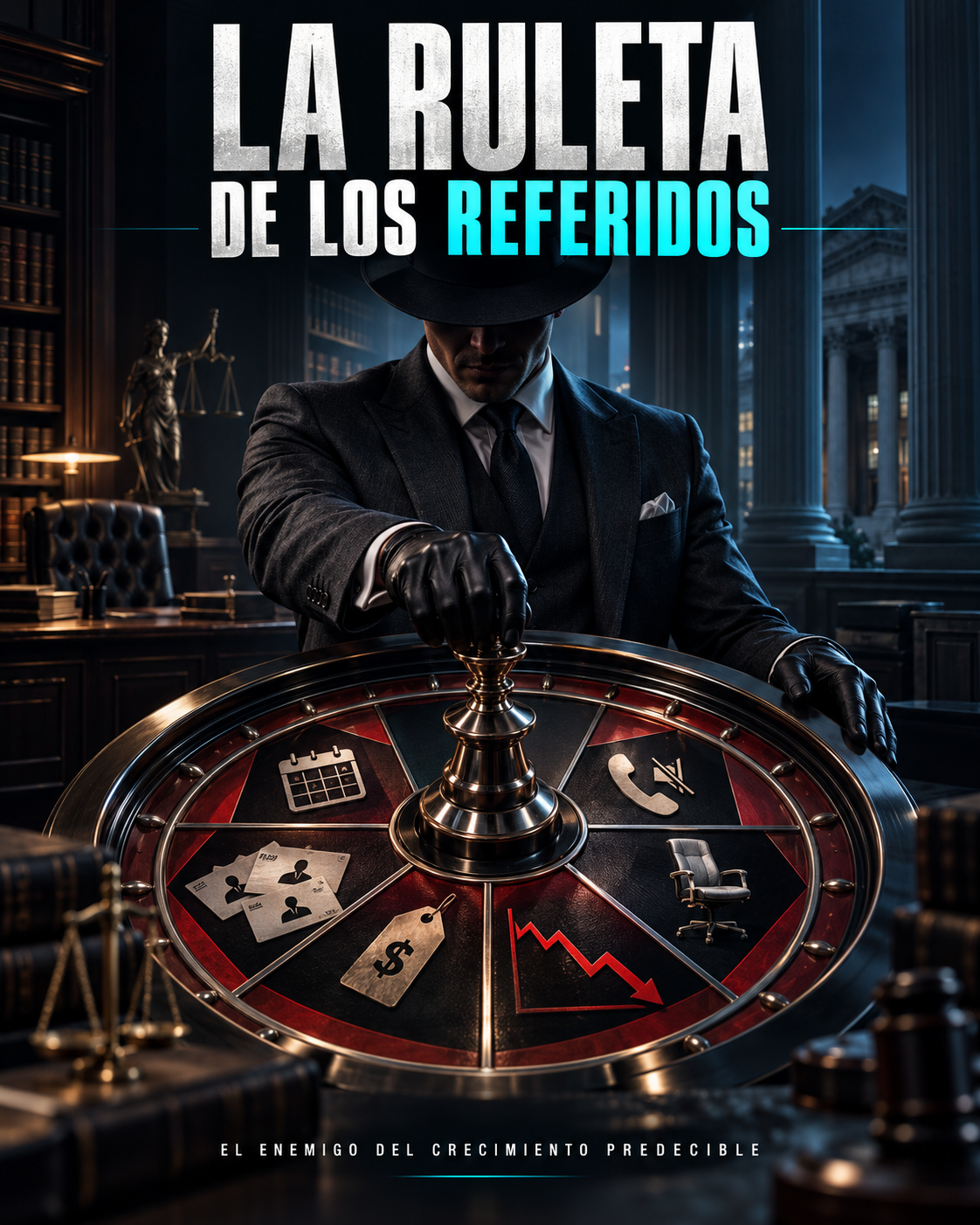 La Ruleta de los Referidos, representación de la dependencia de recomendaciones en los estudios jurídicos.